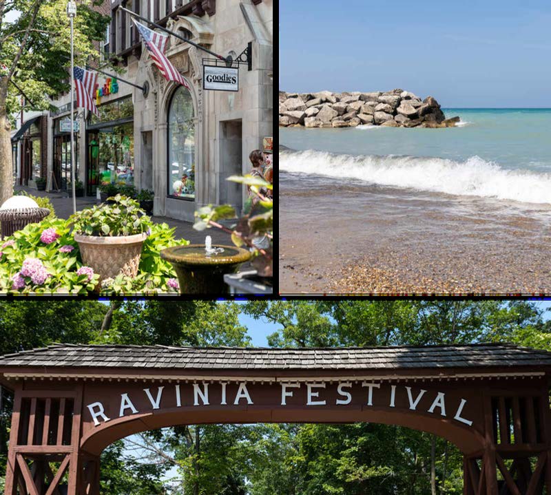 Downtown Highland Park, Lake Michigan beach and the Ravinia Festival gate
